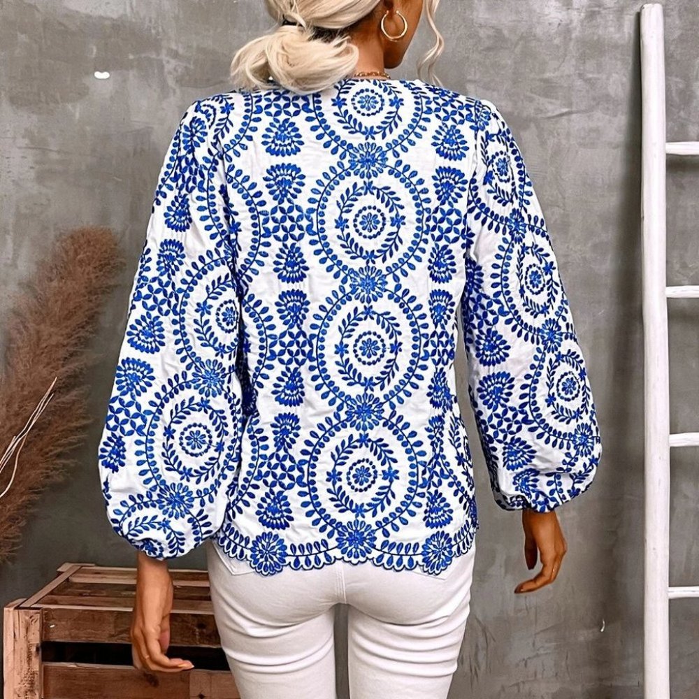 Blue and White Boho Womens Floral Print Lantern Sleeve Blouse - Picture 2 of 5